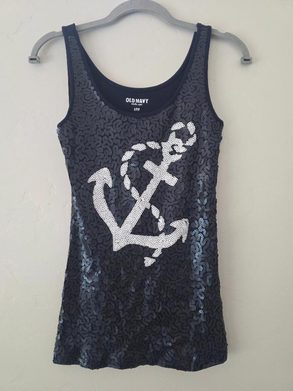 Old Navy Sequin Anchor Tank Top Small Navy Nautical Sleeveless Top
